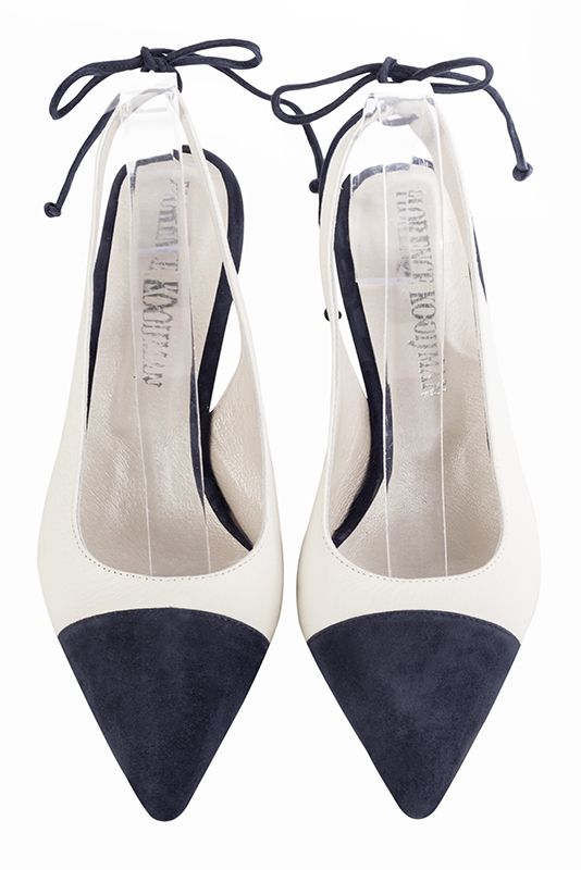 Navy blue and pure white women's slingback shoes. Pointed toe. Medium slim heel. Top view - Florence KOOIJMAN